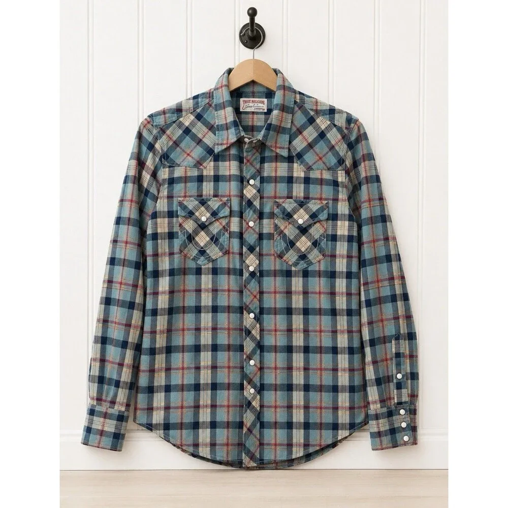 True Religion Men's Pearl Snap Flannel Shirt Plaid Med Western Wear Cotton